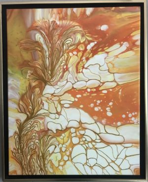 abstract painting predominantly oranges and white with abstract plant life